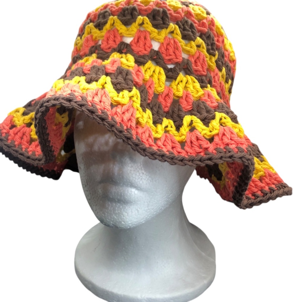 Crochet Bucket Hat | Fall Festival -Brown, Coral, Mustard - Picture 6 of 15
